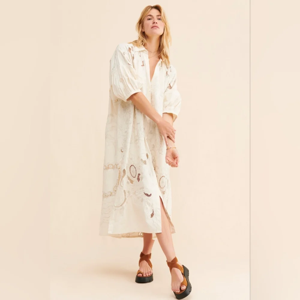 Free People Embroidery Oversized Button Front Kaftan Lace Dress NWOT